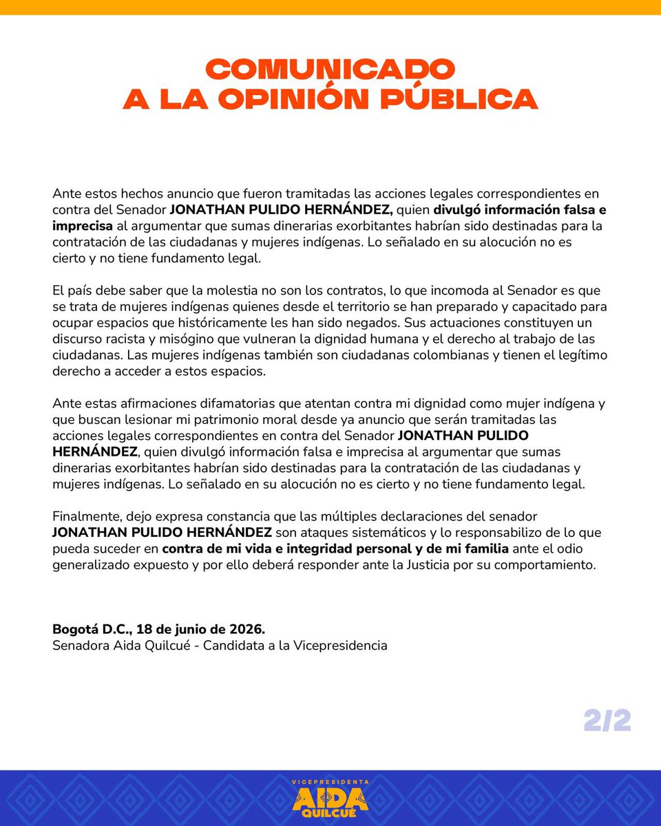 aida_quilcue's tweet photo. Comunicado a la opinión pública frente a los señalamientos y hostigamiento del senador Jhonathan Pulido Hernández. https://t.co/T6dmL8MQpI
