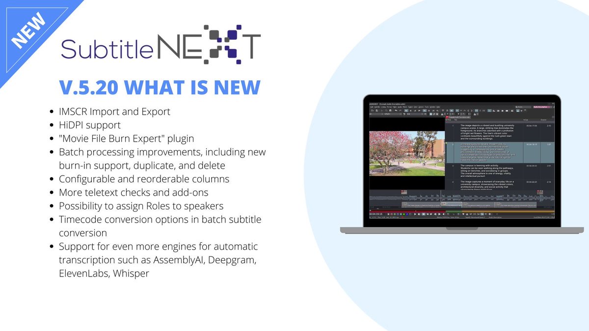 SubtitleNEXT's tweet photo. #SubtitleNEXT v5.20 is here! 🚀
Faster, smarter, sharper subtitling with powerful new features:
• IMSCR import/export
• Movie File Burn Expert plugin
• More AI engines: AssemblyAI, Deepgram, ElevenLabs, Whisper

Try it now ⬇️
https://t.co/6eXsqmJLUm
https://t.co/CeBtNI3TjM https://t.co/QEhWZVJ1Hm
