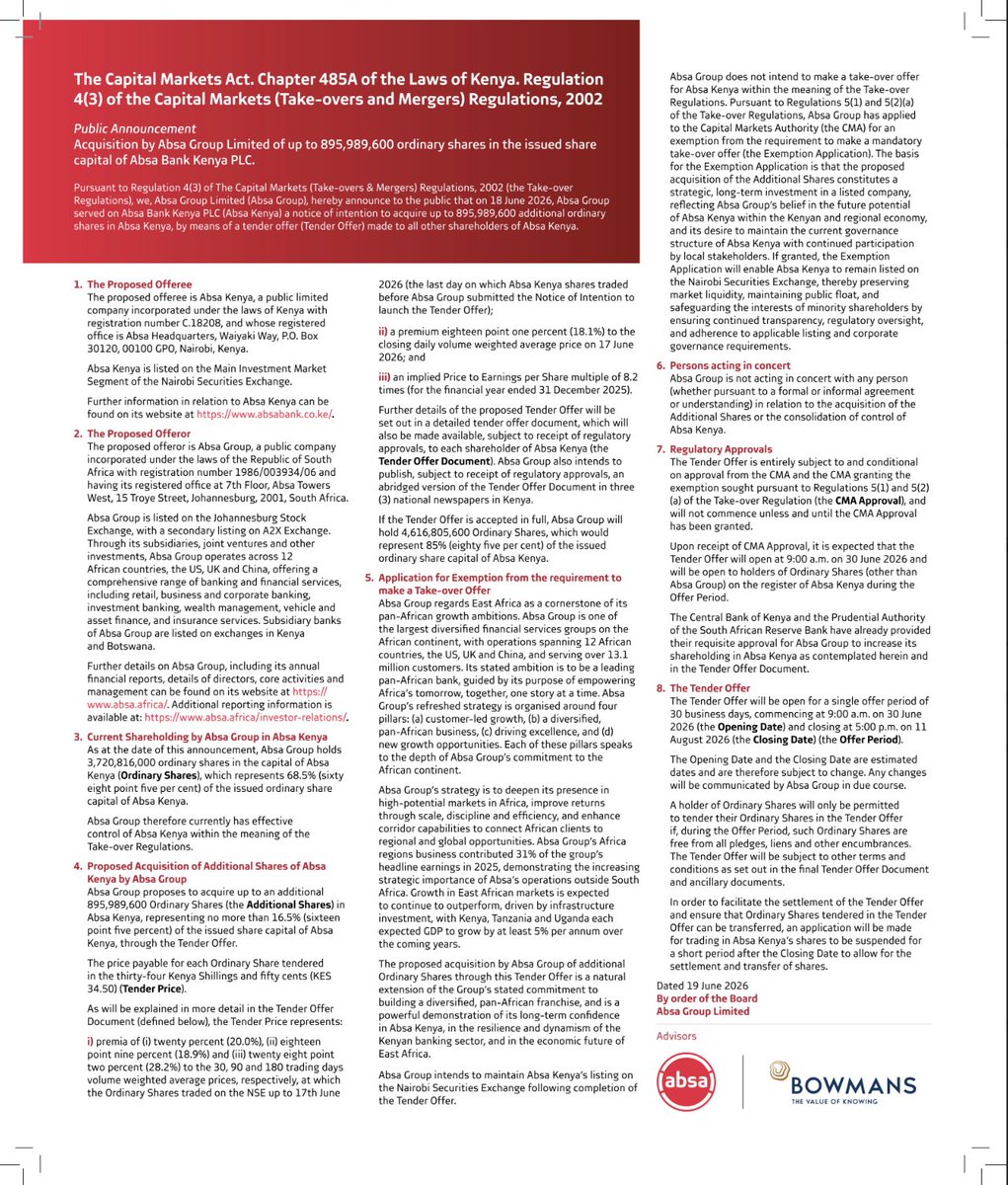 MwangoCapital's tweet photo. Absa Group has announced a tender offer to acquire up to 895.99M additional shares in its Kenyan subsidiary, Absa Bank Kenya, at KES 34.50 per share, valuing the offer at up to KES 30.9B.

—Absa Group currently owns 3.72B shares, or 68.5% of Absa Bank Kenya, and full acceptance would raise its holding to 4.62B shares, or 85.0%.

—The KES 34.50 tender price represents an 18.1% premium to the 17 June 2026 closing VWAP and implies an 8.2x P/E multiple based on Absa Kenya’s FY25 earnings.

—The offer is subject to CMA approval and an exemption from the requirement to make a mandatory takeover offer.

—Absa Group says it intends to keep Absa Bank Kenya listed on the NSE after the transaction, with the offer expected to open on 30 June 2026 and close on 11 August 2026.