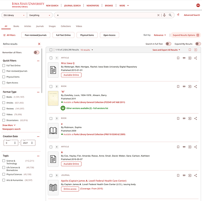 ISU_Library's tweet photo. Try the new library Quick Search function: https://t.co/KDzKbLjjqC
➡️Persistent search bar &amp; quick filters - visible when you scroll
➡️Modern design + improved mobile experience
➡️Easier access to search profiles and advanced tools
➡️Saved items and preferences are carried over https://t.co/kbon69m4d5