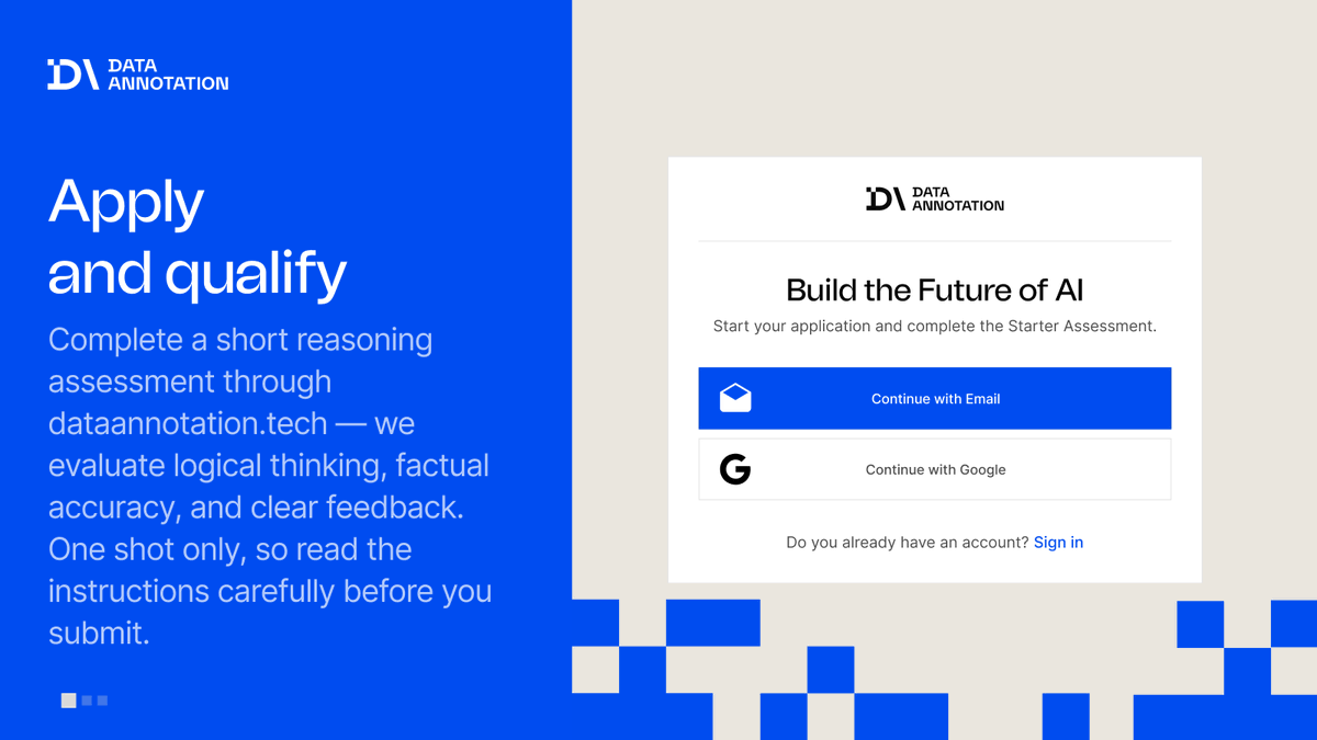 Data_Annotation's tweet photo. DataAnnotation connects contributors to AI training projects where they can put their expertise to the test.

Here's how it works. https://t.co/h4swUlJf5G