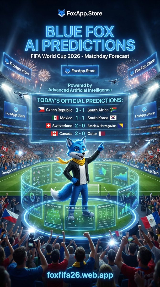 foxguide's tweet photo. ⚽🦊🤖 ¡Blue Fox presenta sus predicciones para la jornada de hoy del Mundial 2026!
La Inteligencia Artificial de https://t.co/KnBYsEjMSb ha completado miles de simulaciones para ofrecer los resultados más probables de la fecha.
🎯 Pronósticos de Blue Fox
🇨🇿 República Checa 3 - 1 Sudáfrica 🇿🇦
🇲🇽 México 1 - 1 Corea del Sur 🇰🇷
🇨🇭 Suiza 2 - 0 Bosnia y Herzegovina 🇧🇦
🇨🇦 Canadá 2 - 0 Catar 🇶🇦
🔥 El partido más equilibrado de la jornada podría ser el de México y Corea del Sur, donde la IA anticipa un empate muy disputado.
📈 ¿Logrará Blue Fox sumar más aciertos en esta fase de grupos?
🌎 Sigue todas las predicciones, análisis y resultados en:
https://t.co/UXl8dAHSd5
🦊 Powered by https://t.co/KnBYsEjMSb
#FoxAppStore #BlueFox #FoxFIFA26 #Mundial2026 #WorldCup2026 #PrediccionesIA #Mexico #CoreaDelSur #Canada #Qatar #Suiza #Bosnia #RepublicaCheca #Sudafrica #FootballAI #SportsTech #ArtificialIntelligence