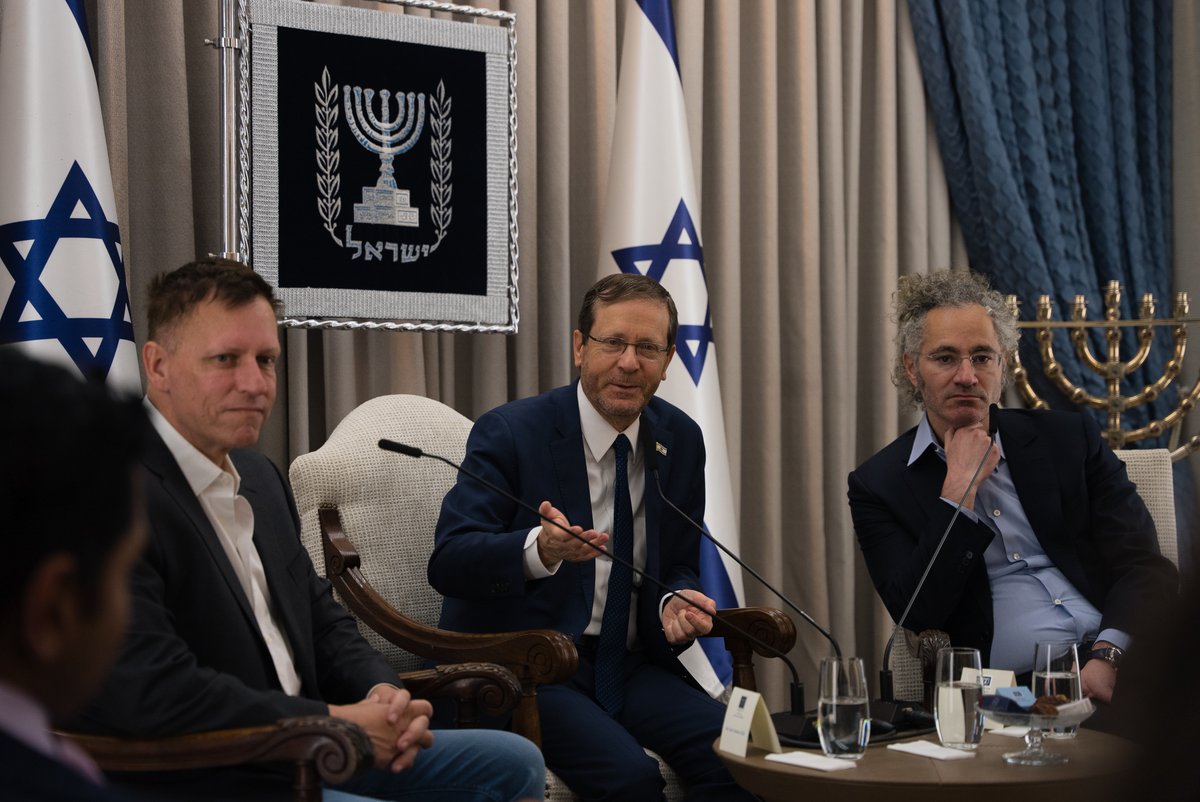 XyxvYella's tweet photo. Palantir's CEO Peter Thiel, Alex karp in Israel. 
In 2024 Palantir met with Genocide Israeli Unit 8200 and Isaac Herzog to discuss Technology and Tools using to target palestinians children in Gaza. 
The Genocidal State Israel used Project Nemesis, AI powered Military technology https://t.co/svUG3Y8Sre