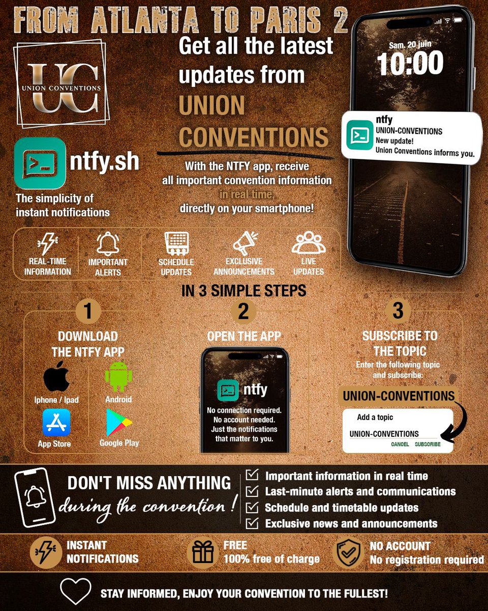 Union_Conv's tweet photo. From Atlanta to Paris 2 : Une nouveauté arrive chez Union Conventions ! Une application qui va vous envoyer une notification sur votre téléphone pour tout changement, toute information importante. Attention, cela ne remplace pas les informations à suivre sur le grand écran ni le Twitter pour les annonces des extras ect… Mais c’est un outil additionnel qui ne peux être qu’utile. Toutes les informations sont sur les designs sur ce post! Rendez-vous ce week-end ! 🧟 
———-
From Atlanta to Paris 2 : Something new is coming at Union Conventions! An app that will send a notification to your phone regarding any changes or important information. Please note : this doesn’t replace the info shown on the big screen or the Twitter for announcements about extras, etc. However, it is a new opportunity that we wanted to organize with you. All the details are in the graphics attached to this post! See you this weekend! 🧟