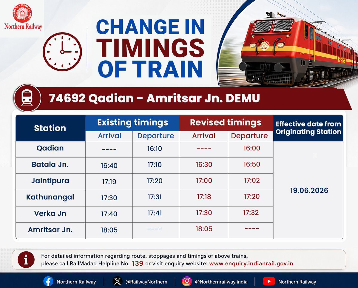 RailwayNorthern's tweet photo. Important Information Rail Passengers

This is notified for the information of all concerned that the timings of the following trains will be changed, as per the details given below. https://t.co/8PBS8JY5Qq