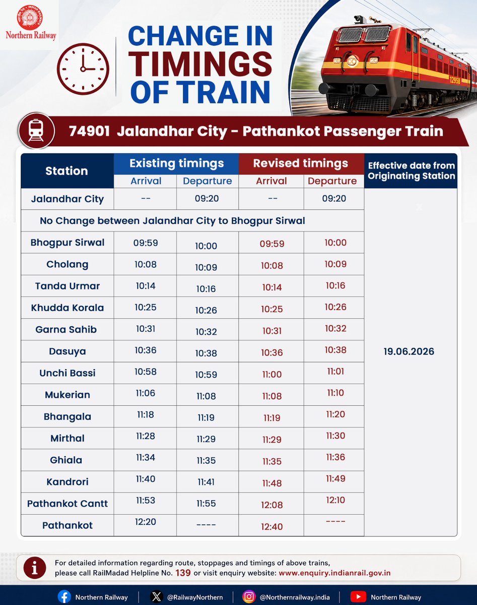 RailwayNorthern's tweet photo. Important Information Rail Passengers

This is notified for the information of all concerned that the timings of the following trains will be changed, as per the details given below. https://t.co/8PBS8JY5Qq