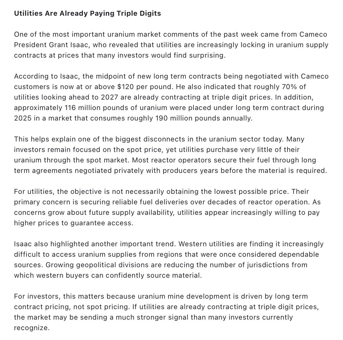 Tickerwire's tweet photo. $CCJ $UUUU $LEU $DNN $UEC | Cameco President Grant Isaac reveals that global power utilities are actively contracting future Uranium supply at a 120 dollar midpoint. 

The disclosure exposes a massive disconnect between volatile spot prices and long term term trends. https://t.co/aHYdl9r1S5