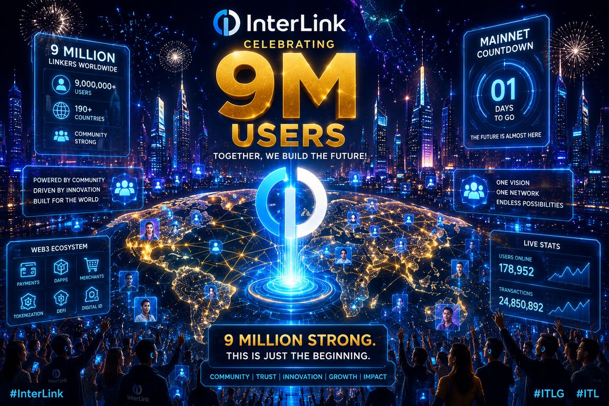 drpnarsimha's tweet photo. InterLink reaching 9 million users worldwide. Place the InterLink logo at the center of a glowing global blockchain network connecting millions of users across continents. #InterLink #ITLG #ITL #IBTE #BusinessTokenization #Web3 #Blockchain #Mainnet #9MUsers #DigitalEconomy https://t.co/F72i4lL0Rc