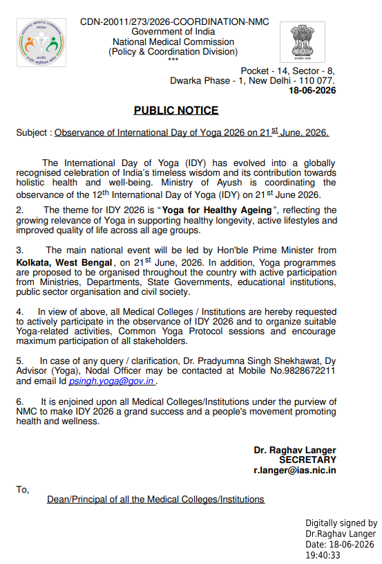 NMC_BHARAT's tweet photo. Observance of International Day of Yoga 2026.

Link: https://t.co/yD6JWm7VoQ

#nmc #internationalyogaday #idy #yoga #ministryofayush #pmo

@NMC_BHARAT @moayush @JPNadda @MoHFW_INDIA @PMOIndia https://t.co/n4v4XchUwc