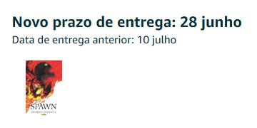 vivid2jin's tweet photo. comprei o vol 6 de Spawn Origens no início de maio (dia 3 se me lembro bem) na Amazon e ficou tanto tempo como pedido feito que eu acabei esquecendo que tinha feito essa compra

agora tá aparecendo que a data vai ser dia 28 e espero que não me cause dor de cabeça https://t.co/pvulhuGrQ5