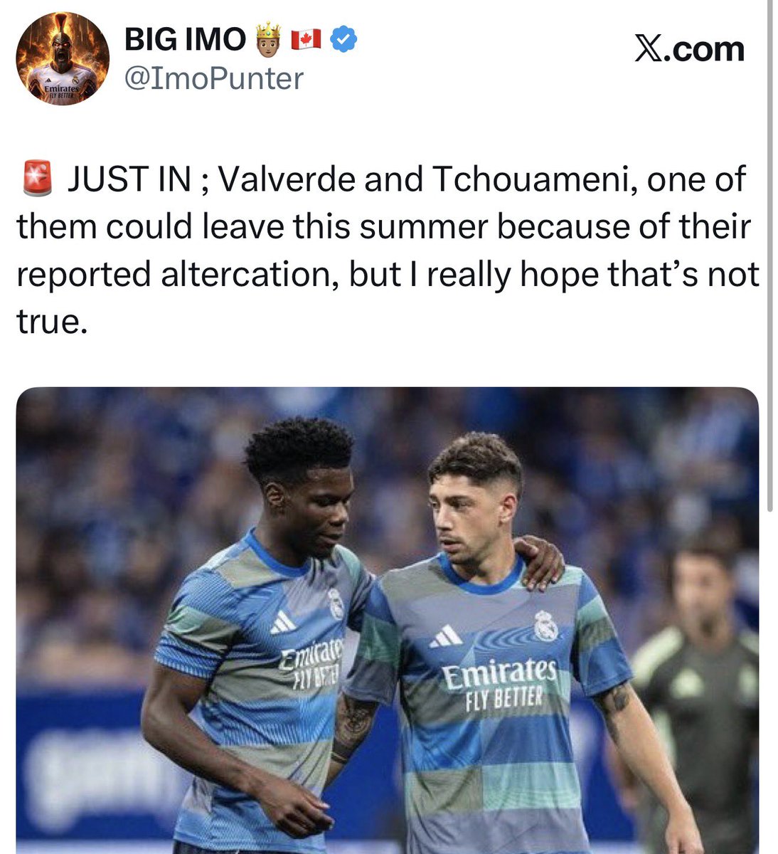 ImoPunter's tweet photo. They called me a madman when I said either Tchouameni or Valverde would leave as reinforcements in that midfield are happening. Papa Perez is Upset!! 

Real Madrid is Broke like they said 🫵🏽😂 https://t.co/48culdlAZH