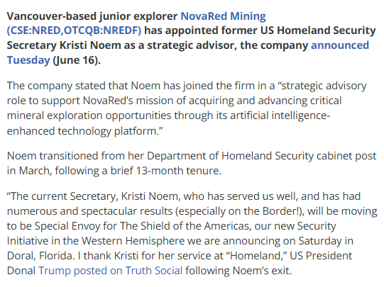 Johnnycswang's tweet photo. Kristi L. Noem joining $NRED is a signal.

Former Homeland Security Secretary + Shield of the Americas role meets critical minerals, AI exploration and copper supply chains.

Wilmac: 16,078 ha near Copper Mountain.

$NREDF NFA https://t.co/wJ6jEzjvYG