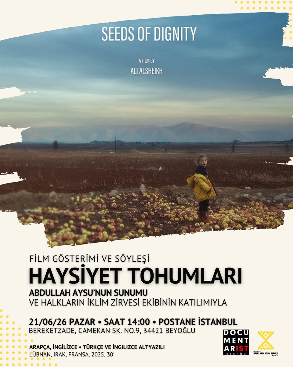 hiz_2026's tweet photo. Documentarist 19.İstanbul Belgesel Günleri kapsamında "Haysiyet Tohumları" filmini izleyip ardından söyleşi yapmak için buluşuyoruz.

🗓️ 21 Haziran 2026/Pazar
🕑 14.00
📍Postane İstanbul(Bereketzade Mah, Camekan Sok, No 9 Beyoğlu) https://t.co/gPMAaaU2s4
