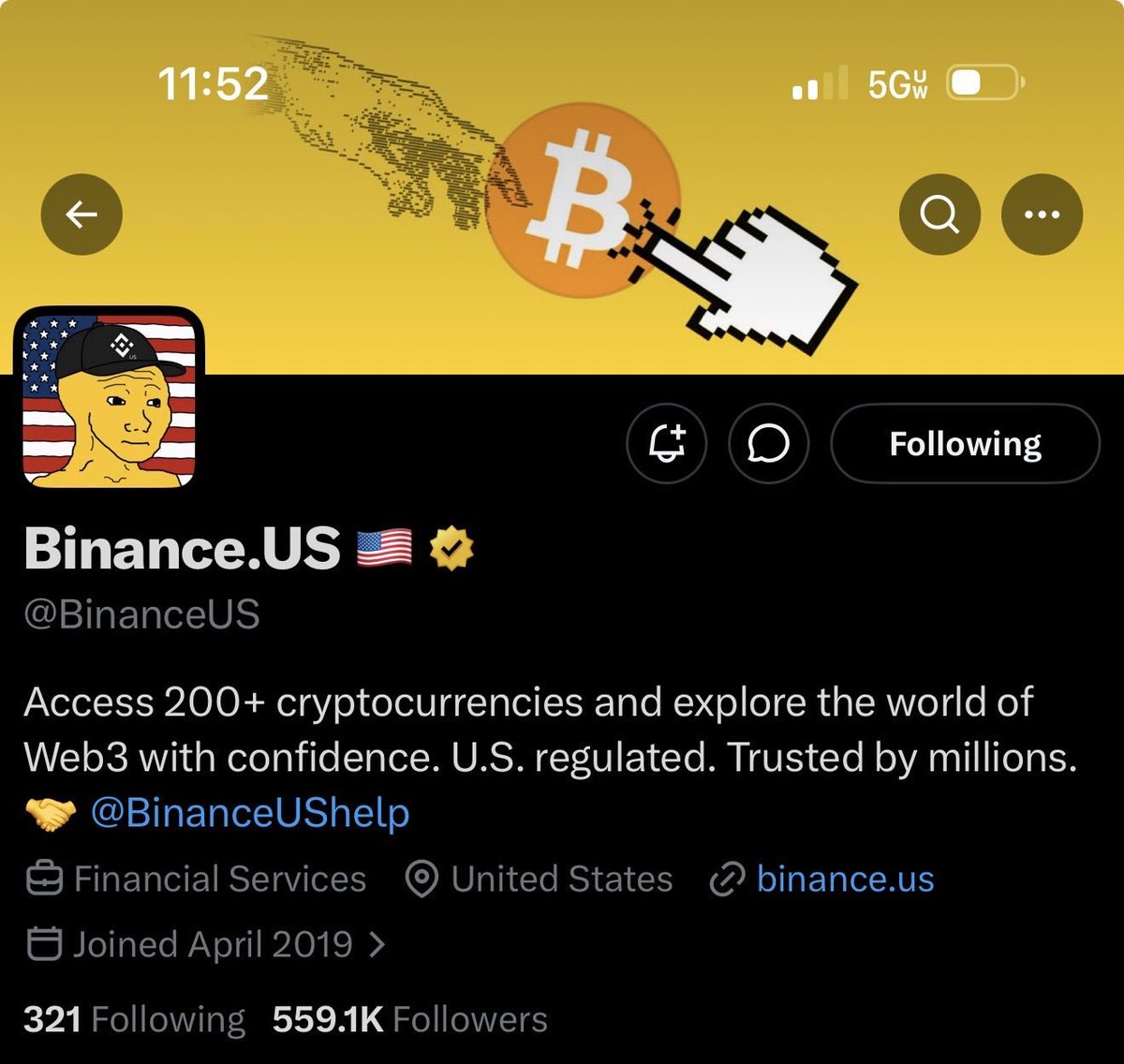 Trollius88's tweet photo. @BinanceUS Just changed their pfp to SOL WOJAK rocking a eth cap 

So cool! Awesome seing them endorsing @WojakOnX 

Gwojak! https://t.co/8IseaBeSno