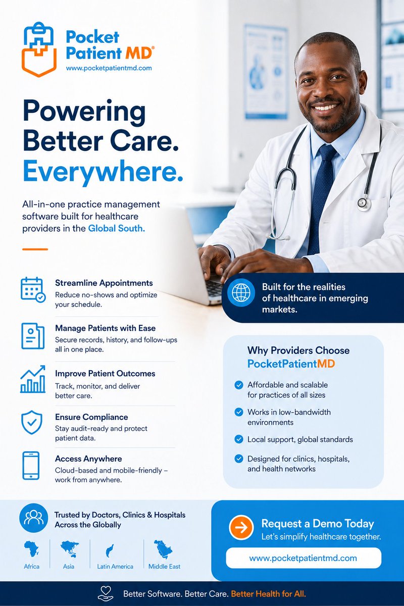 PocketPatientMD's tweet photo. 𝗛𝗲𝗮𝗹𝘁𝗵𝗰𝗮𝗿𝗲 𝘀𝗼𝗳𝘁𝘄𝗮𝗿𝗲 𝘀𝗵𝗼𝘂𝗹𝗱𝗻'𝘁 𝗿𝗲𝗾𝘂𝗶𝗿𝗲 𝗮 𝗹𝗮𝗿𝗴𝗲 𝗯𝘂𝗱𝗴𝗲𝘁, 𝗰𝗼𝗻𝘀𝘁𝗮𝗻𝘁 𝗶𝗻𝘁𝗲𝗿𝗻𝗲𝘁, 𝗼𝗿 𝗺𝗼𝗻𝘁𝗵𝘀 𝗼𝗳 𝘁𝗿𝗮𝗶𝗻𝗶𝗻𝗴.

@PocketPatientMD helps doctors, clinics, hospitals, and health organizations manage patient records, reporting, telemedicine, analytics, and more — all in one platform.

--Free
--Online & offline
--Available in 50+ languages
--Used in 160+ countries

𝗟𝗲𝗮𝗿𝗻 𝗺𝗼𝗿𝗲: https://t.co/A0bgJiV31E
