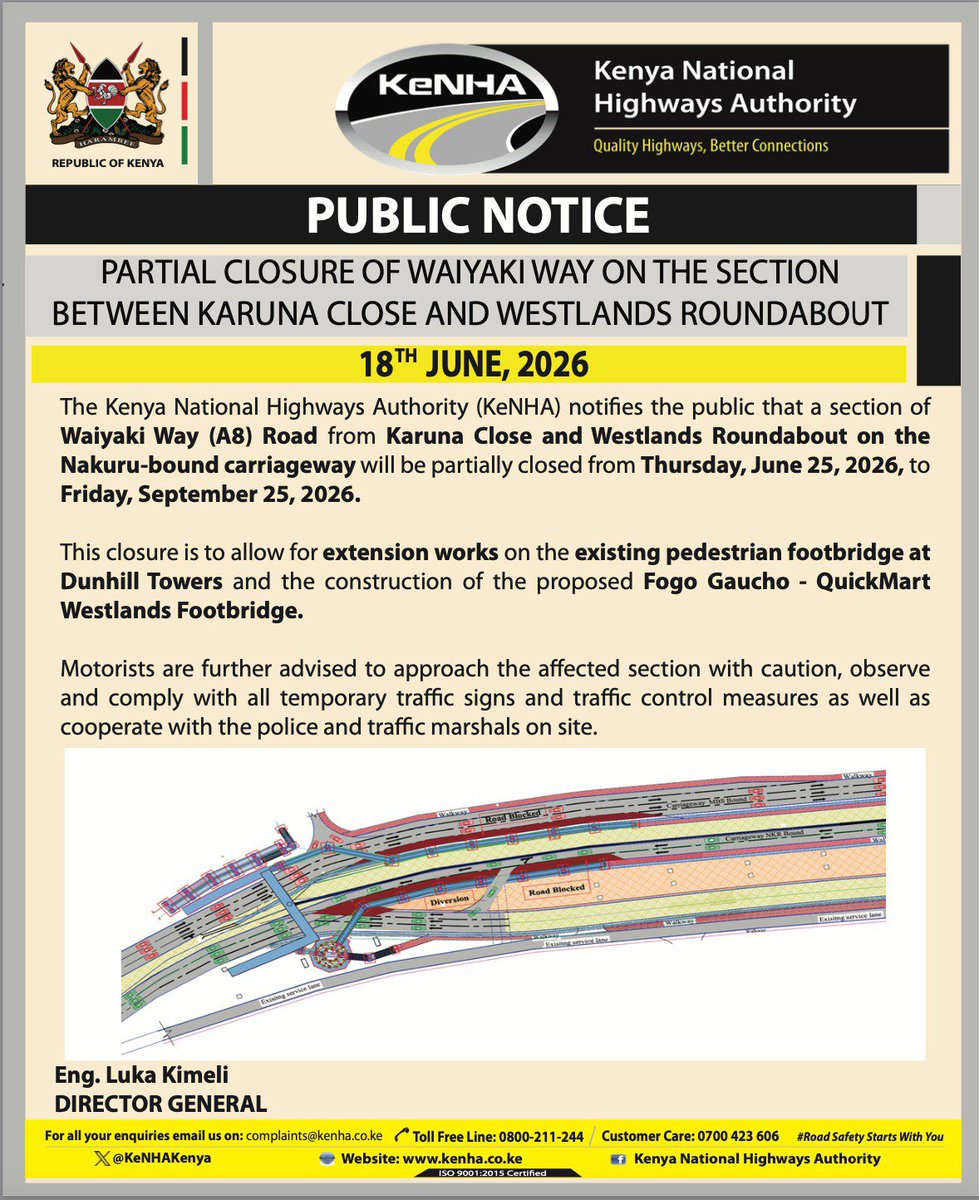 KeNHAKenya's tweet photo. Partial closure of Waiyaki Way on the section between Karuna Close and Westlands Roundabout https://t.co/9tDLFsb7kd