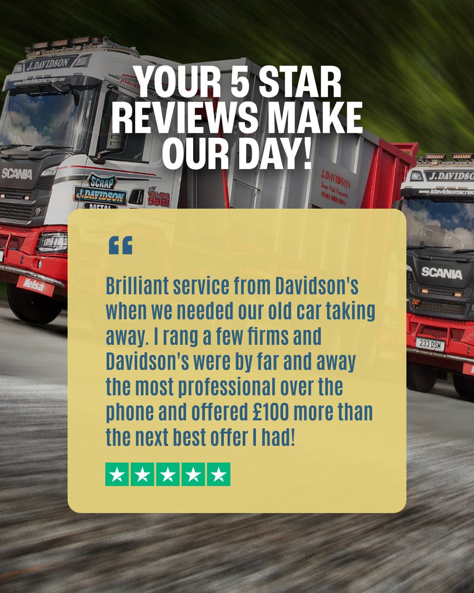 JDavidsonScrap's tweet photo. Big on scrap. Big on feedback. 🏆

We say we offer competitive pricing for a reason. Head to our website today to see how much your scrap metal could be worth. 💰

#ScrapMetal #ScrapCar #ManchesterScrap https://t.co/Nj0r4BFrW2