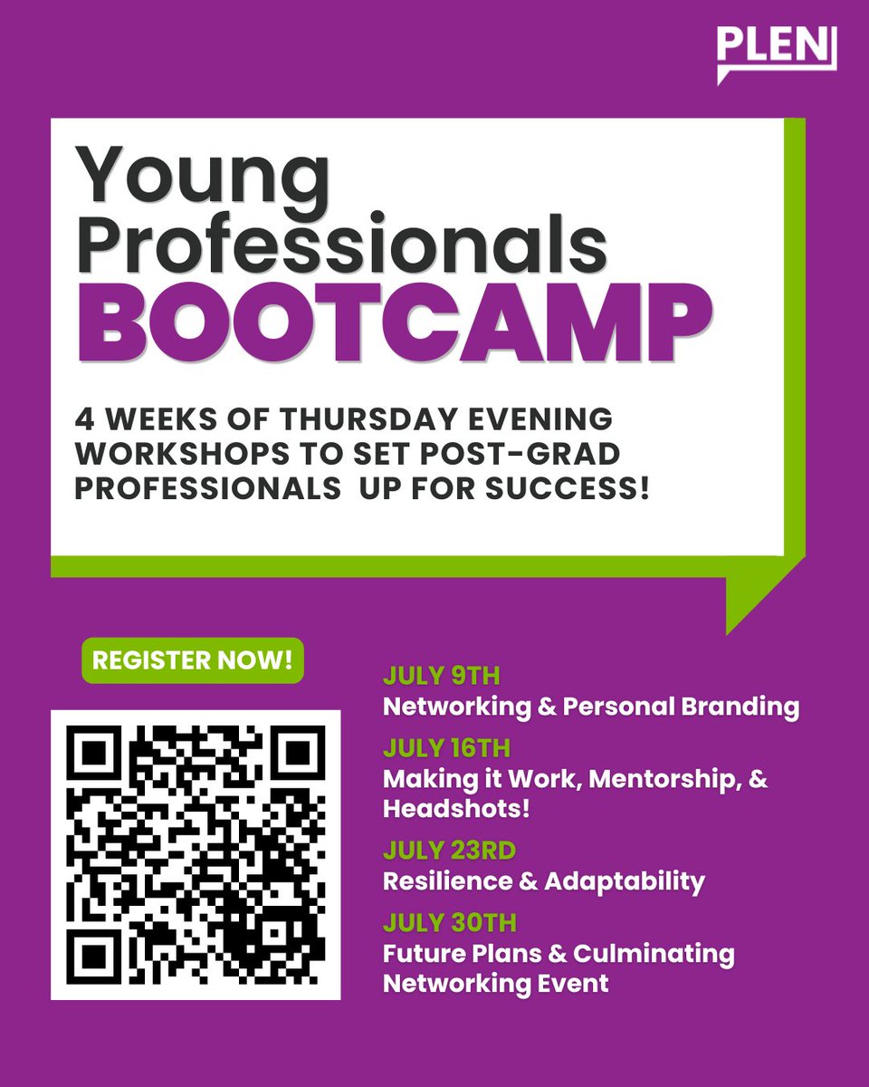 PLENNetwork's tweet photo. We are so excited for our upcoming Young Professionals Bootcamp Series! Our first workshop on July 9th focuses on resumes, interviewing, and networking, with panels and talks from incredible PLEN speakers! 💜💚
🎟️ and more info at 🔗 in bio. https://t.co/Q2HVAZRXHv