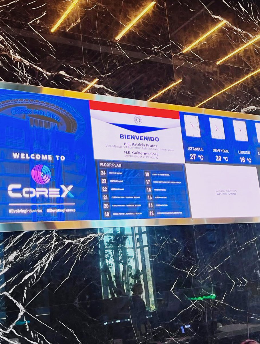 EmbassyPYTR's tweet photo. Paraguay fortalece vínculos con el sector empresarial de Türkiye.

En el marco de la misión oficial a Türkiye para la Primera Reunión del Comité Económico y Comercial Conjunto —JETCO—, representantes del Gobierno del Paraguay mantuvieron una importante reunión con directivos de CoreX Holding, uno de los principales conglomerados industriales y de infraestructura de Türkiye.

Durante el encuentro se presentaron las oportunidades de inversión que ofrece Paraguay, especialmente en áreas estratégicas como infraestructura, conectividad, logística, puertos, energía y comercio internacional. La reunión permitió intercambiar experiencias sobre proyectos de alcance global impulsados por CoreX Holding, así como explorar posibles espacios de cooperación e inversión entre ambos países.

Desde la Embajada del Paraguay en la República de Türkiye seguimos acompañando y promoviendo acciones orientadas a fortalecer la agenda económica bilateral, atraer inversiones y posicionar al Paraguay como un destino confiable, competitivo y abierto al mundo.