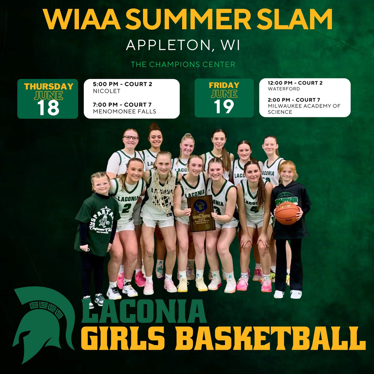 LaconiaGirlsBB's tweet photo. Excited to get back on the court with these girls today.   Come out and check these girls out at the Champion Center at 5:00 and 7:00 today and 12:00 and 2:00 tomorrow. https://t.co/5TFGN3ircL