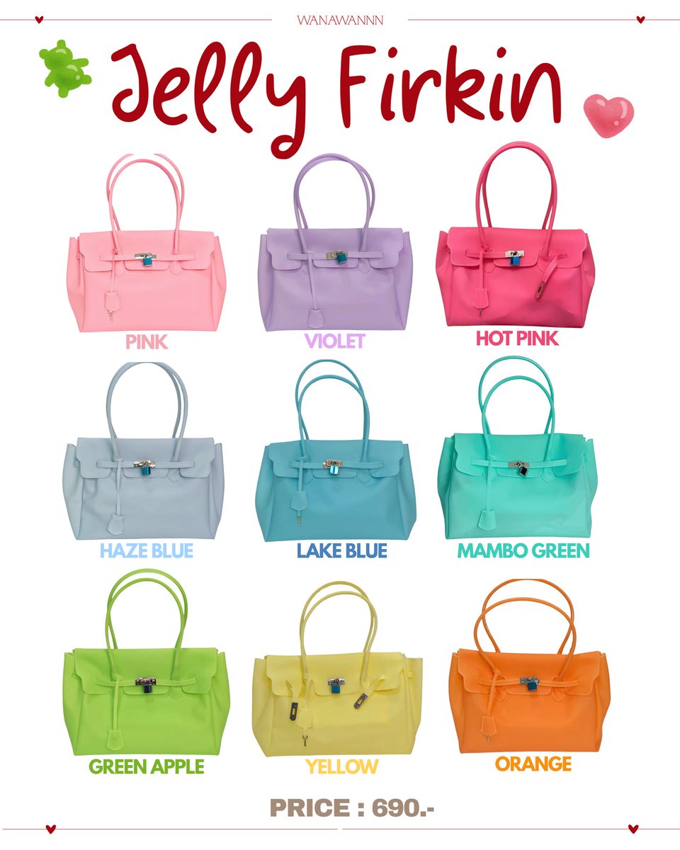 Wanawannn's tweet photo. Jelly Firkin Collection 🍮🍭

กระเป๋าเจลลี่ตัวฮิตที่กำลังมาแรงสุดๆ สีสันสดใส มีให้เลือกแบบจุกๆ ~ น่ารักทุกสีเลยน๊าา 🍡 ส่งฟรี (มัดจำได้ 50%) https://t.co/MrDiuI9D7U