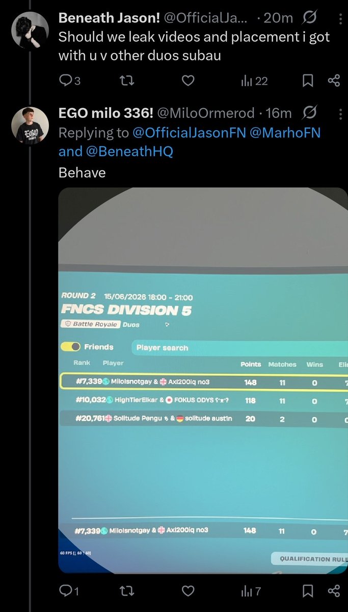 OfficialJasonFN's tweet photo. @MiloOrmerod thinks Flexing top 8k and 148 points in div 5 is a Flex 🤣😂🤣😂 complete dumass https://t.co/7KMUurx7zN