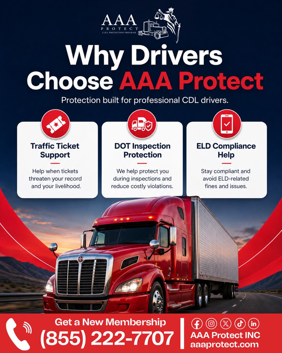 aaaportectinc's tweet photo. Professional CDL drivers choose AAA Protect because protection matters on every mile.
From traffic ticket support to DOT inspection protection and ELD compliance help, we are here to keep you moving with confidence.

Call today: (855) 222-7707

#AAAProtect #CDLProtection https://t.co/kic6Zopxxb