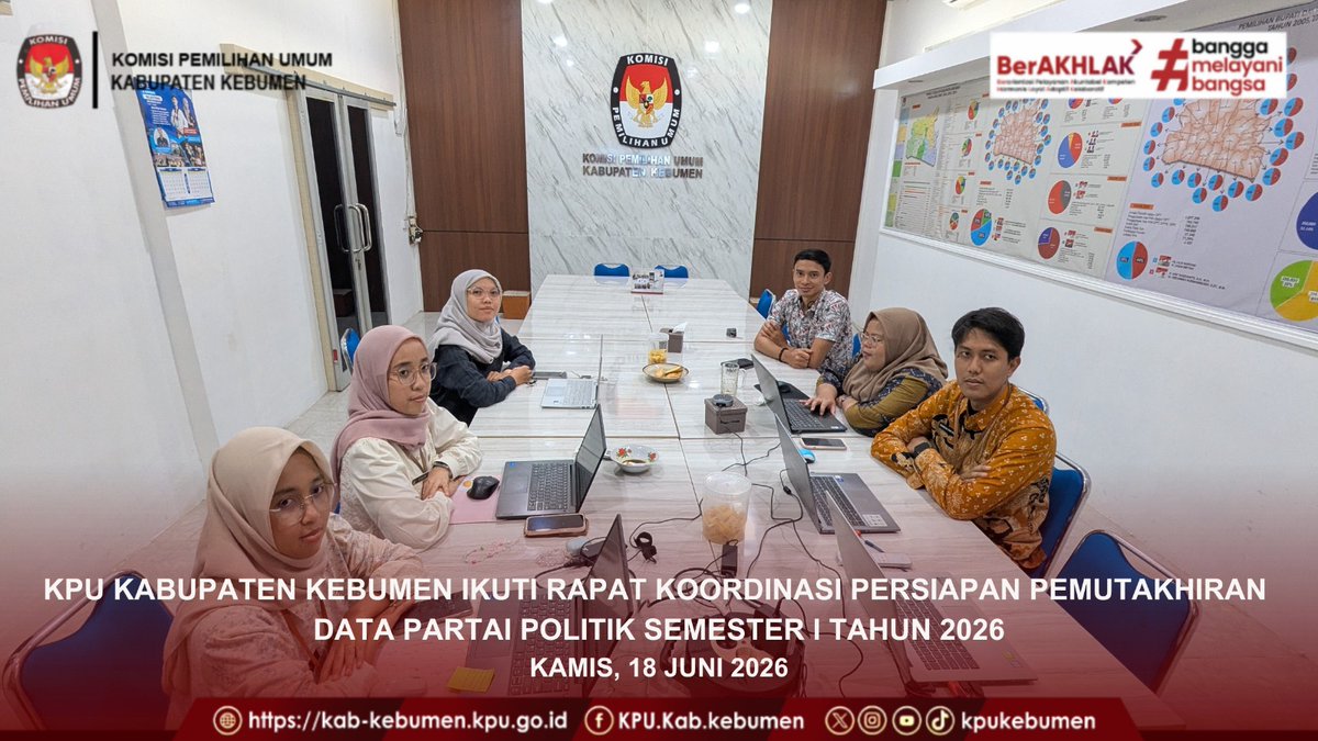 kpukebumen's tweet photo. TemanPemilih

KEBUMEN, 18 Juni 2026—Komisi Pemilihan Umum (KPU) Kabupaten Kebumen mengikuti Rapat Koordinasi Persiapan Pemutakhiran Data Partai Politik Semester I Tahun 2026 secara daring yang diselenggarakan oleh KPU Provinsi Jawa Tengah. https://t.co/hm6yQz0hY1