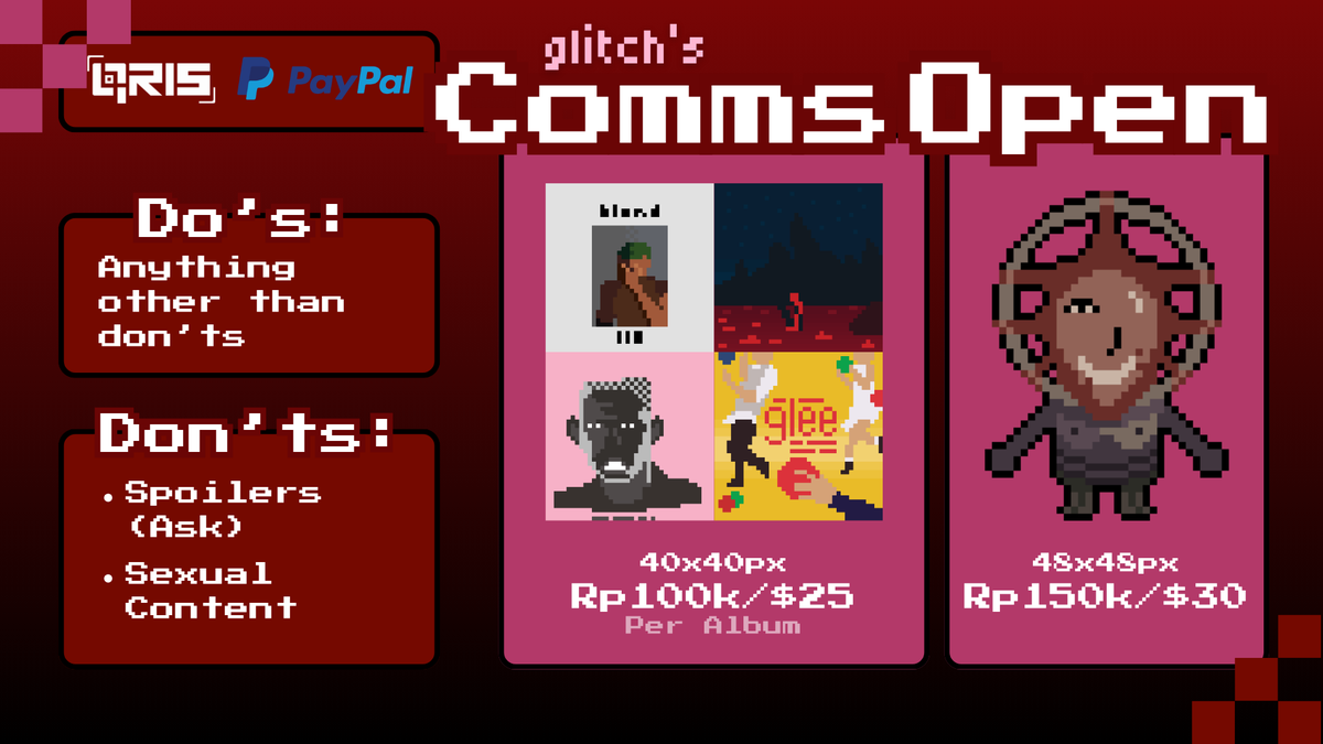 glitchtripping's tweet photo. 🔁&amp;🖤are appreciated~

Opening my first pixel art c0mms!
Slots are unlimited (for now), dm me to order😋

#commissionopen #pixelart #helpanindonesiangirlout https://t.co/cygUM05VAd