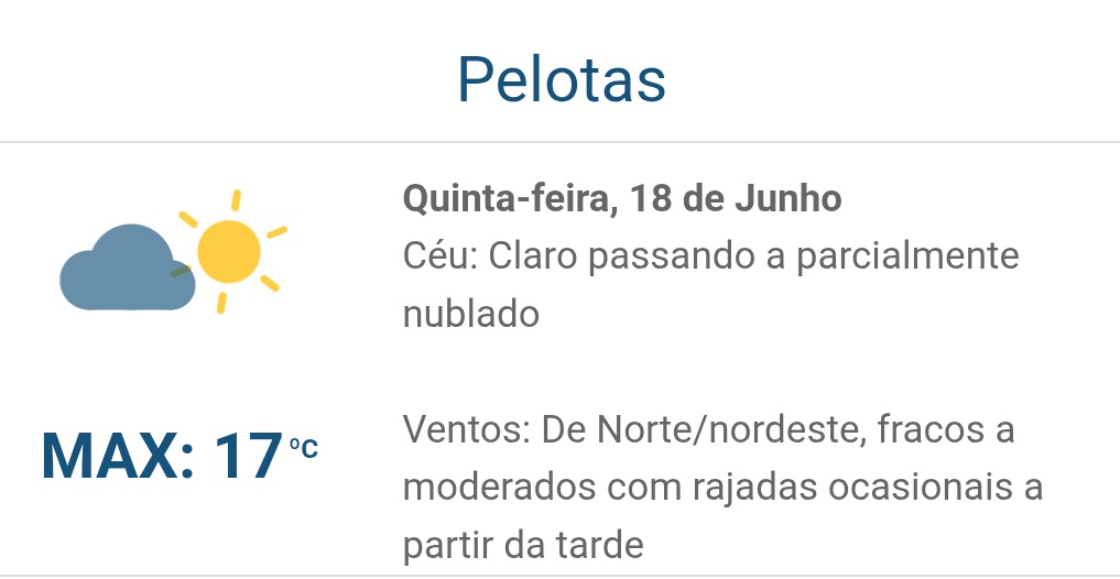 fernandomonassa's tweet photo. ➡️ PELOTAS/RS - Previsão do tempo para Quinta-feira (18).

*** Fonte: CPPMET UFPel - Centro de Pesquisas e Previsões Meteorológicas da Universidade Federal de Pelotas. https://t.co/WJkjAE6rJJ