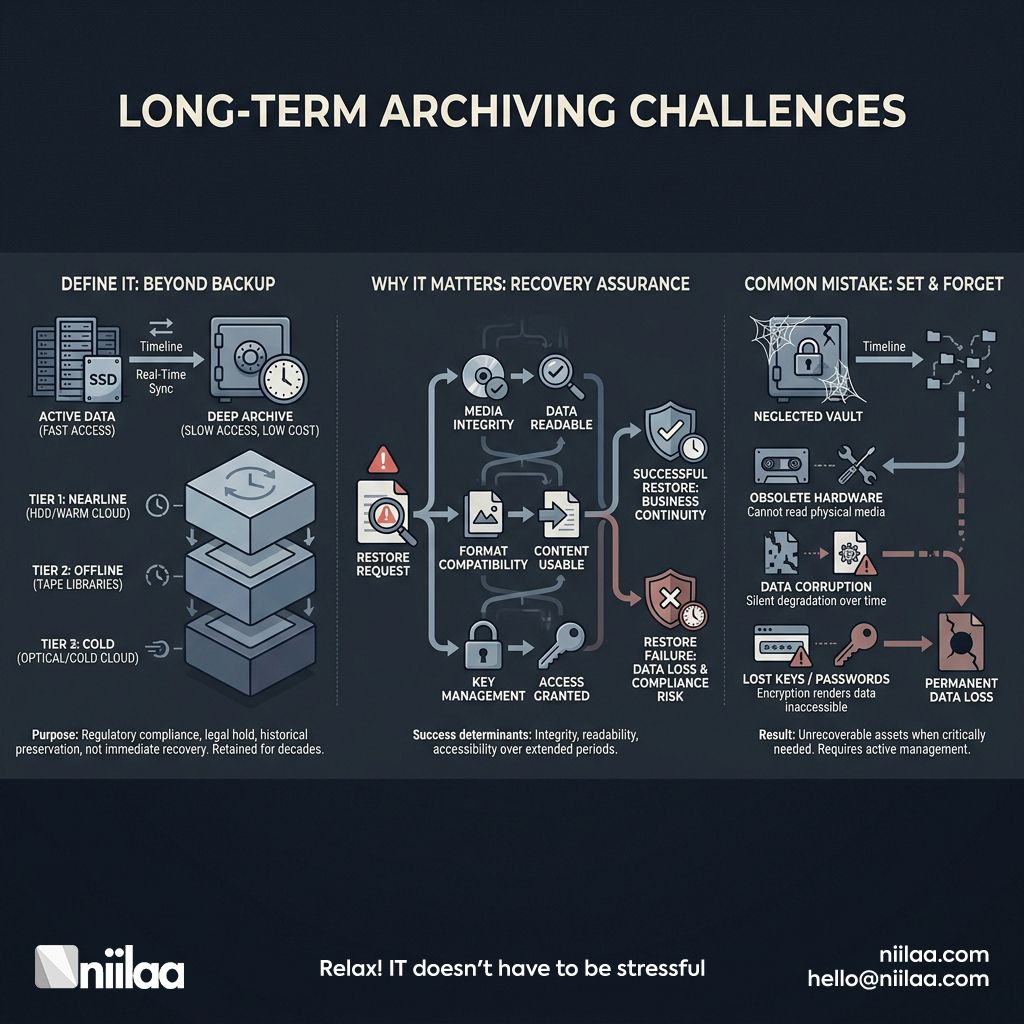 niilaaLLC's tweet photo. Long-term archiving challenges = storing data is easy; restoring years later is hard. Define backup retention, set realistic RPO/RTO, use immutable backups for ransomware recovery, and run restore testing to prove it works. #BackupAndRecovery #DisasterRecovery https://t.co/IdjKJaSkOC