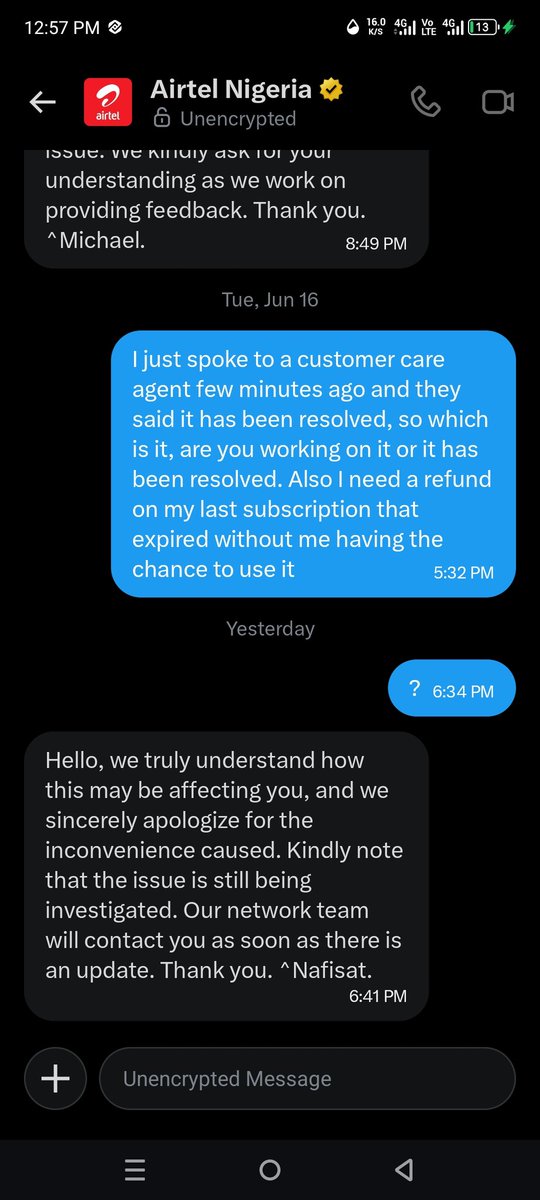 wisewhan's tweet photo. @ConsumersNCC @EthosReviews @AirtelNigeria @NgComCommission @fccpcnigeria It has not been resolved as a matter of fact I reach out to their customer service agent via phone call and the agent claims that the connectivity issue has been resolved. I contacted airtel again via Dm her on X and they told me a different story that they are still on it. https://t.co/tBSQ59O3Qy