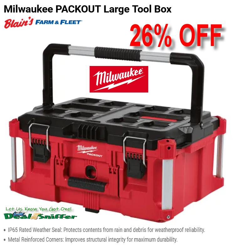 dealsniffer's tweet photo. 🚨 26% OFF Milwaukee PACKOUT Large Tool Box  💪
https://t.co/93gweeZiGr 🔗
#milwaukee #milwaukeepackout #packout #toolbox #Tools #homedepot https://t.co/Lz69PmUkx5