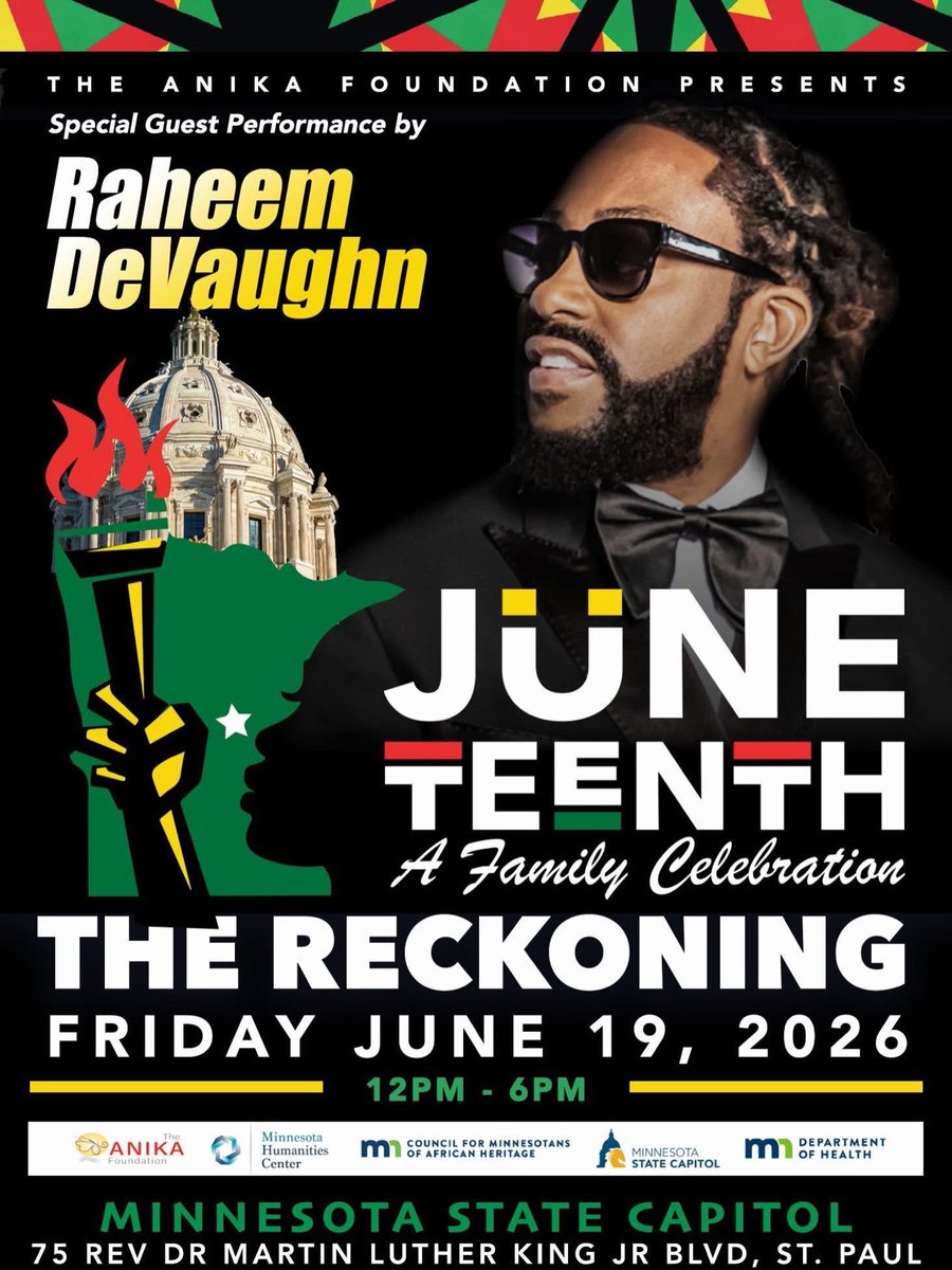 Radio_RahFans's tweet photo. #Minneapolis : @Raheem_DeVaughn Live 

Pull 🆙 This Friday 6/19/26 

For The Juneteenth Celebration and Live Show Performance 🎙️ ✨

The ANIKA Foundation presents the 5th Annual Juneteenth Celebration at the Capitol!

Friday June 19th at the State Capitol in St. Paul. https://t.co/T5Qyhnkf3r