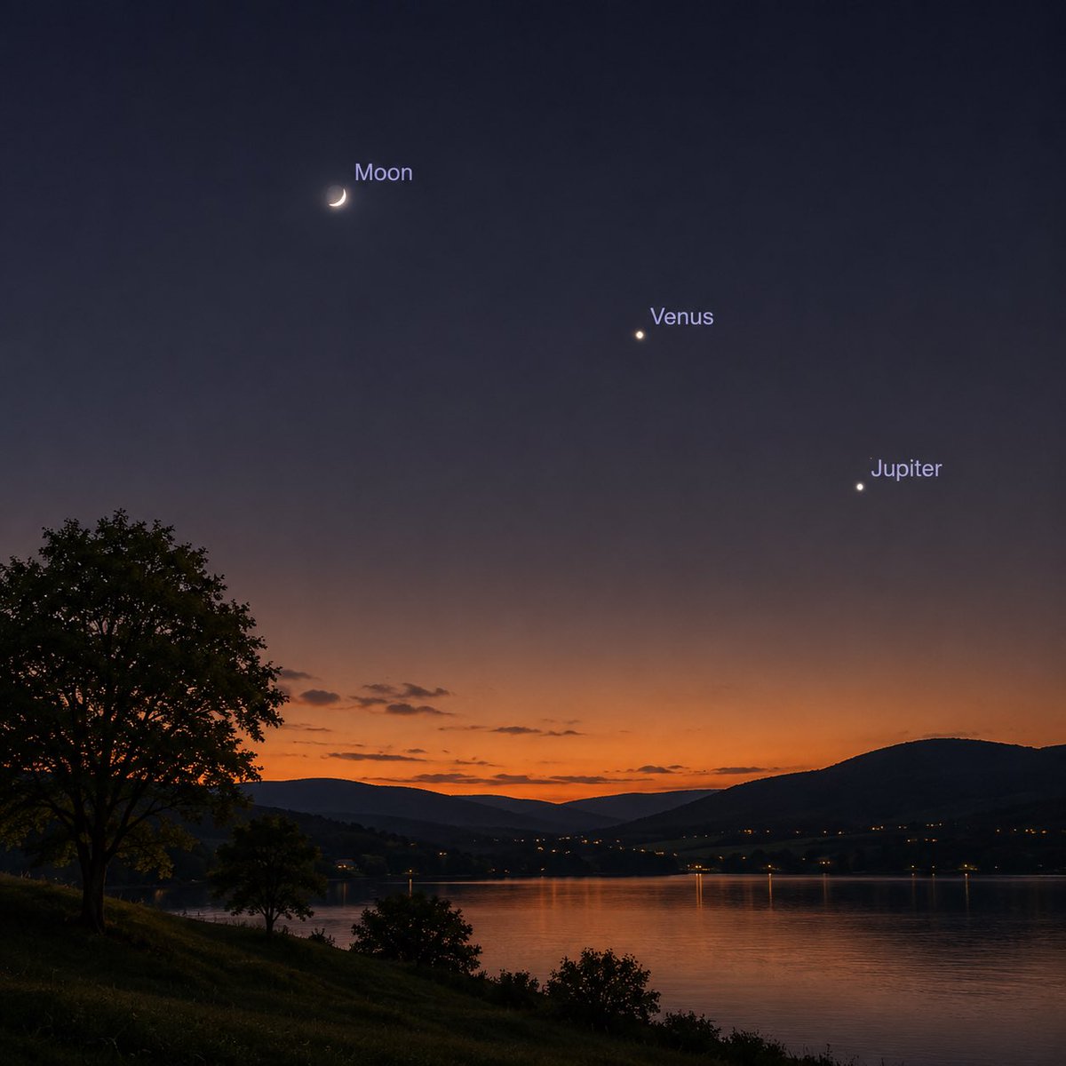 mark_tarello's tweet photo. PASS IT ON: Planets Venus &amp; Jupiter along with the crescent Moon will be lined up in the west sky tonight after sunset! #Space https://t.co/arPVcwDHrK