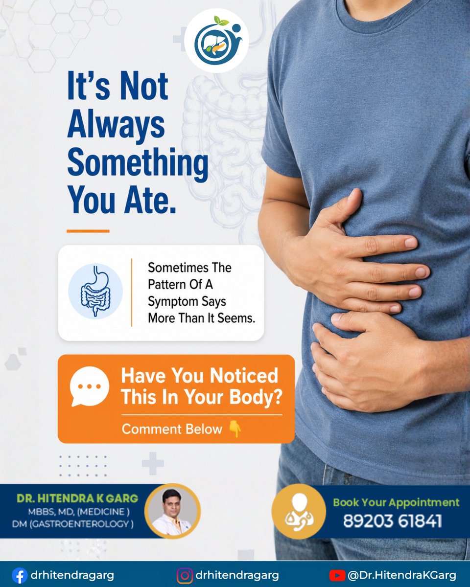DrHitendraKGarg's tweet photo. Does your abdominal pain occur after lunch, at night, or right after eating? Repeated symptoms may reveal important digestive patterns that shouldn't be ignored.

Track the timing. Listen to your gut. 

#AbdominalPain #GutHealth #DigestiveHealth #Gastroenterology #HealthAwareness https://t.co/hJNyeAXTgH