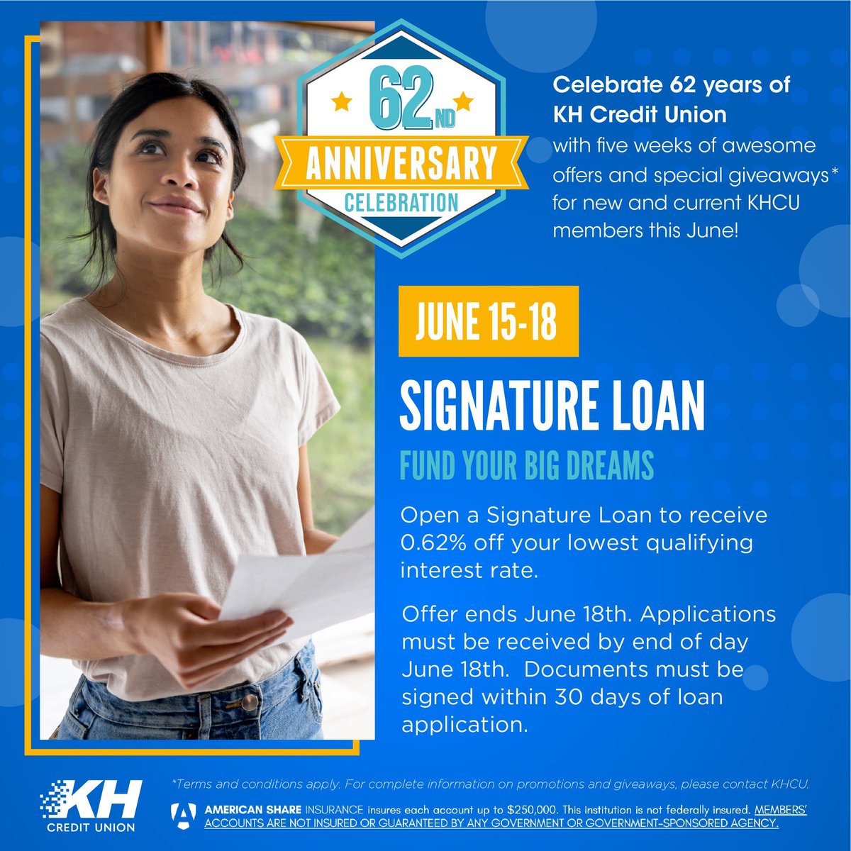 KHCreditUnion's tweet photo. Want to fund a big purchase and get an awesome rate? Then apply for a Signature Loan from KHCU. You can get 0.62% OFF your lowest qualifying interest rate if you apply by the end of the day!

Apply now: https://t.co/5aXz1S9Bq6

#SignatureLoan #Anniversary #KetteringHealth https://t.co/c1RRDwRbkv