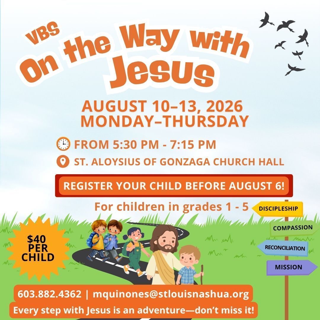 StAloysius2's tweet photo. Children entering Grades 1–5 are invited to join us on August 10–13 from 5:30–7:15 PM in the church hall for Bible stories, games, crafts, science experiments, snacks, and friendship as we grow closer to Jesus.

Registration is $40 per child and is available at the rectory office https://t.co/nYtMvlMHQB