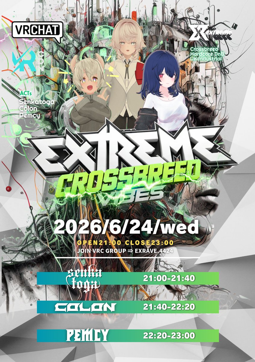 pemhem's tweet photo. VR ChatでCrossbreed DJをする機会を頂きました!
声かけてくれたExtreme CrewにBIG感謝！
久しぶりのDJやVRで恐縮ですが、精一杯皆さんに良い夜を提供できればと思います。(時間はフライヤ見てね)

これはアー写を取ってもらっているColonさん。
#EXTREMEVR Crossbreed VIBES
https://t.co/G7TatQPAZn https://t.co/s3SahFzLCa