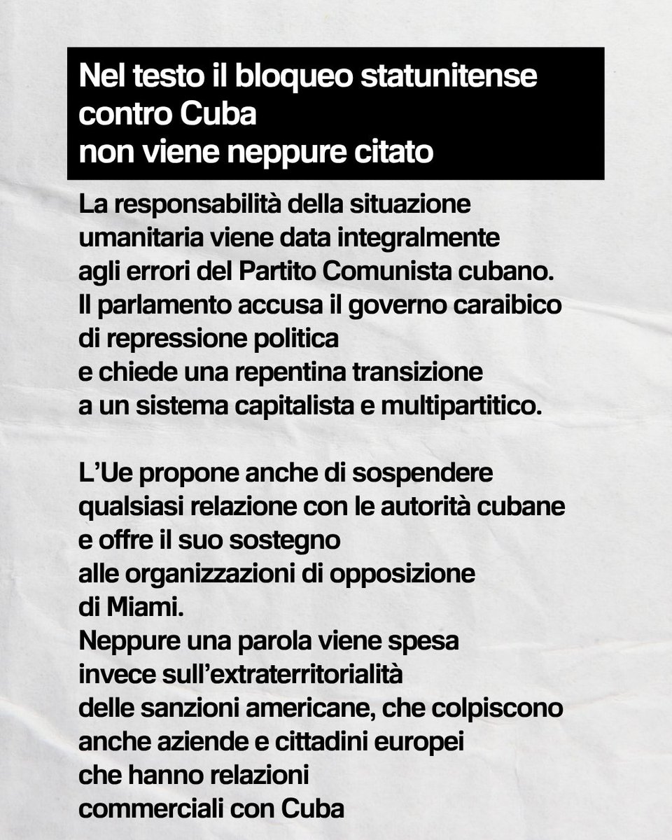 reportrai3's tweet photo. Il Parlamento Ue ha approvato la mozione 0285 “Sulla repressione politica e la situazione umanitaria a Cuba”, proposta dal PPE, dai liberali di Renew e dai conservatori di ECR e approvata senza i voti dei socialisti.
Nel testo, il bloqueo statunitense contro Cuba non viene neppure citato.