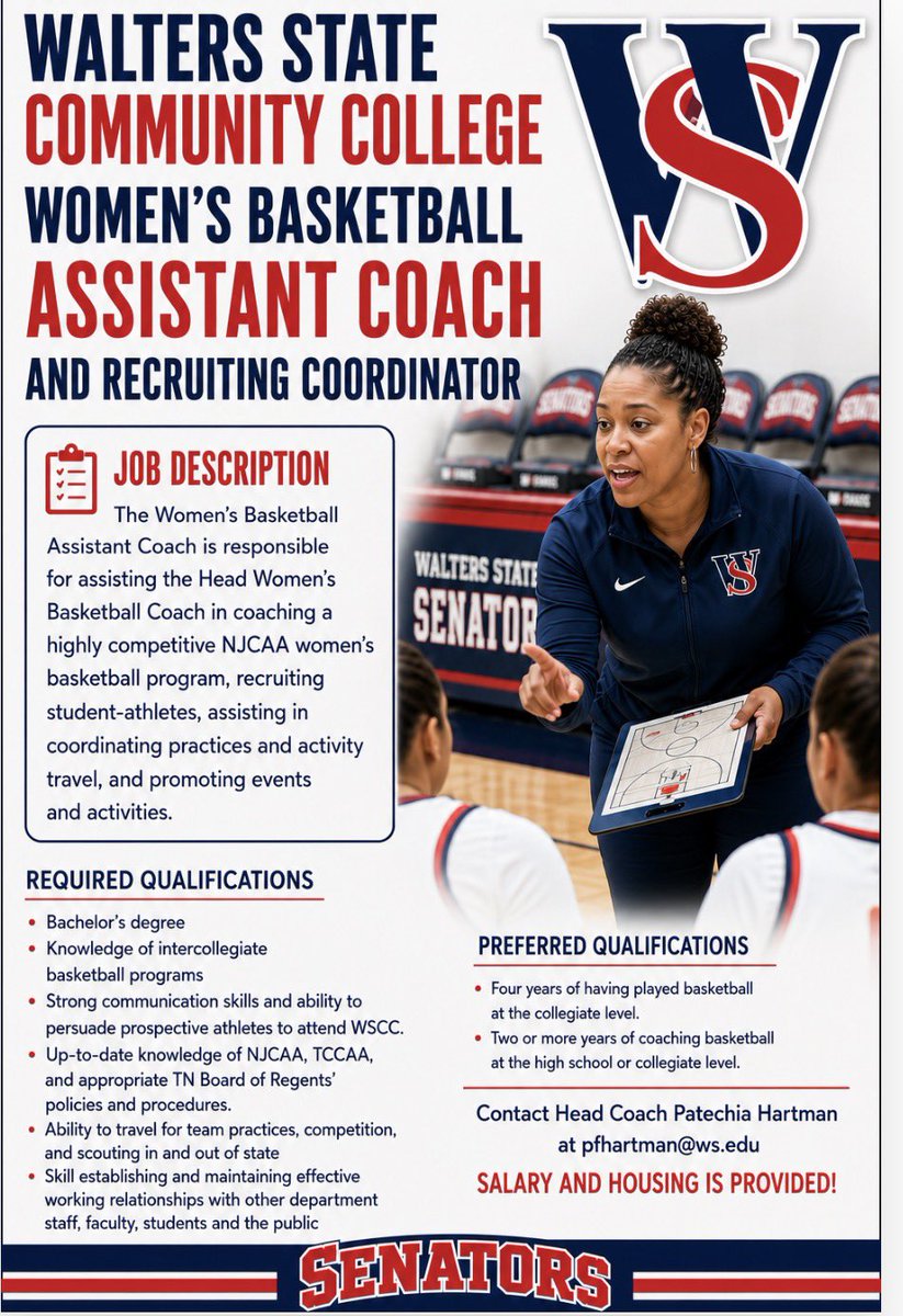 patechiaH3's tweet photo. Looking for a passionate, hard working ASSISTANT COACH that wants to serve and grow at WSCC!🔵🔴⚪️🏀🙏🏽‼️…

Go to https://t.co/gCaNhDAU8R, check Job Opportunities and start your journey!! Job closes on 6/26/2026!!! Let’s go Lady Senators!!!💪🏽🏀‼️ https://t.co/ClnAnQ36XV