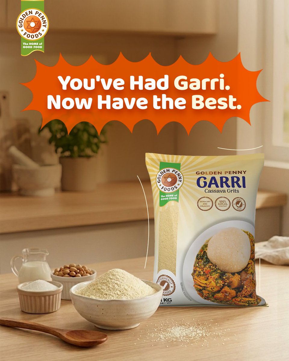 Gpgarri's tweet photo. You’ve had garri before… but there’s a difference when it’s clean, smooth, and free from sand or stones.

That’s what Golden Penny Garri is made for consistency you can trust.

What matters most to you in a perfect bowl of garri?

#ValueToTheMax #DeluxeGarri #GPennyGarri #GPenny https://t.co/A2aBDAU4HA