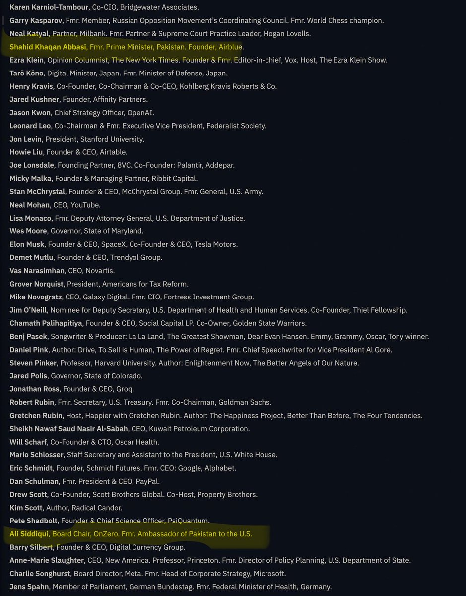 Inking_Insights's tweet photo. According to WIRED, a leaked list of 113 high-profile elites reveals which Pakistani names are tied to Peter Thiel’s exclusive “Dialog” circle. One is a former (puppet) PM of Pak &amp; the other former ambassador of Pak to the US. Were they briefed on how to steal elections? https://t.co/hOarFQOSjF