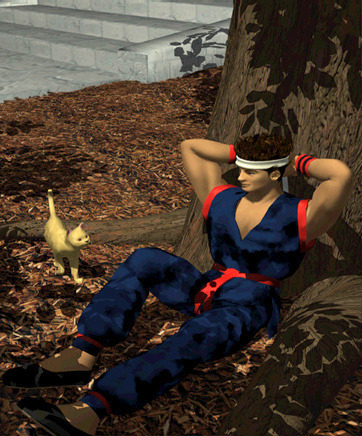 Shenmue_Dojo's tweet photo. Here's another old shot of Akira from @VF_SEGA doing his best impression of Ryo! 🥋 Is it just us, or could that be an early version of Mimi, the orphaned kitten from the original Shenmue? 🐈 https://t.co/lJKo9p7e8u