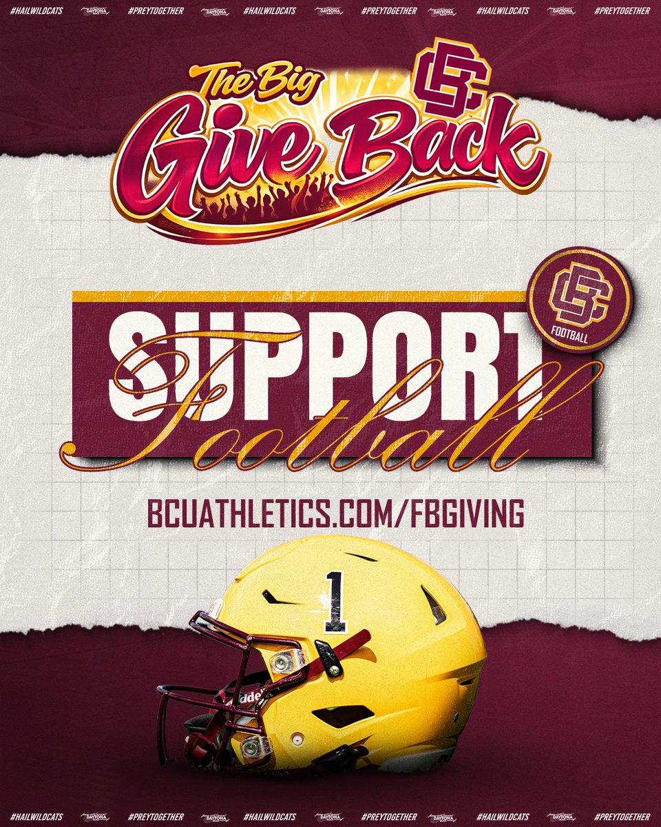 BCUGridiron's tweet photo. It's time to GIVE BACK!

Show your support for Bethune-Cookman Football and help us continue to build our Championship Culture!

🎁 https://t.co/dBG8ijQSH9

#𝙃𝙖𝙞𝙡𝙒𝙞𝙡𝙙𝙘𝙖𝙩𝙨 | #𝙋𝙧𝙚𝙮𝙏𝙤𝙜𝙚𝙩𝙝𝙚𝙧 https://t.co/WQVgHNFoM6