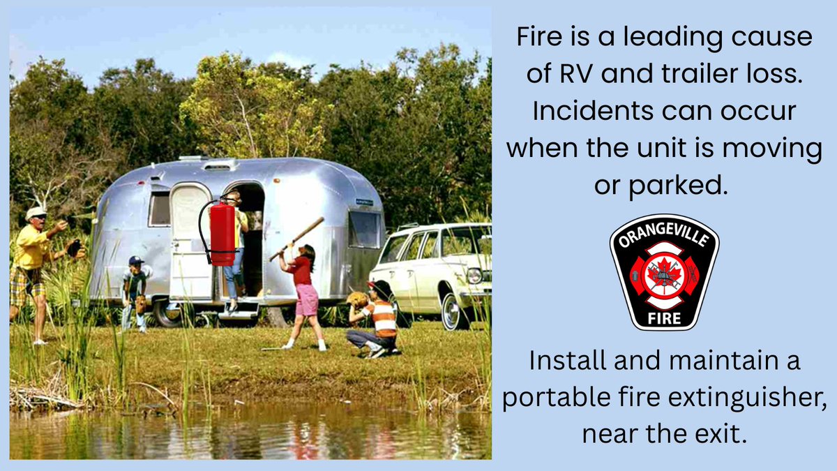 OrangevilleFire's tweet photo. Got a camper extinguisher? Know how to use it? Call 911 first! 🧯Pull pin, aim at fire base, squeeze handle, sweep side-to-side. Stay 6-8 ft back with escape route. Fight only small fires. #FireExtinguisher #SafetyTips #EmergencyPreparedness https://t.co/xoINazyYvt