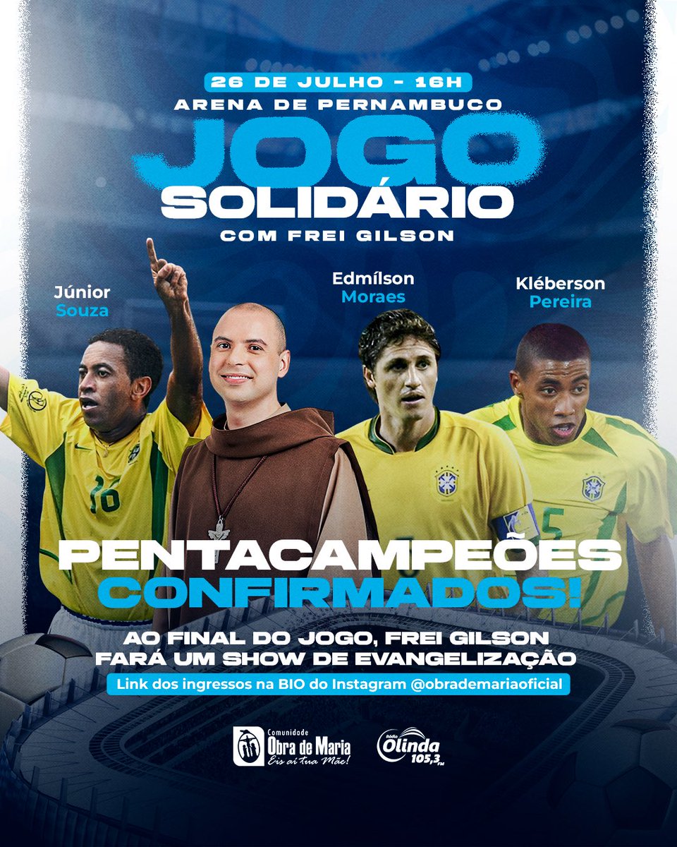FreiGilsonCMES's tweet photo. Está chegando!!!
Dia 26 de julho é dia de jogo solidário na Arena Pernambuco em Recife para ajudar muitas obras sociais da @obrademariaoficial . Quem vai estar presencialmente??? https://t.co/ysZPPkeSMB
