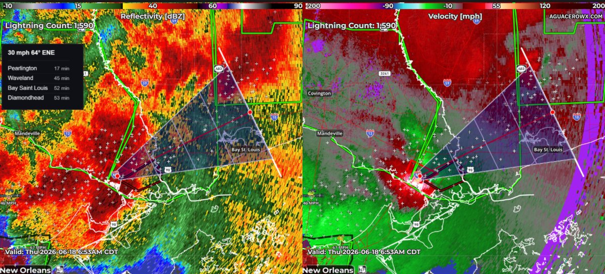 WxAtom's tweet photo. Potentially strong tornado ongoing with a supercell crossing into MS, toward Bay St Louis, associated with the remnants of Arthur. https://t.co/mqfqx3G5Fw