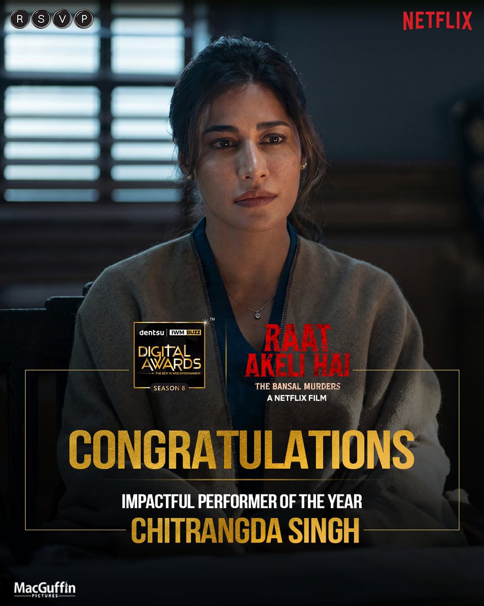 RSVPMovies's tweet photo. Case update: Two wins secured 🏆 
From a performance that left an impact to editing that kept audiences hooked till the very end!

Congratulations to @IChitrangda and #TanyaChhabria on these well deserved wins at the #IWMBuzzDigitalAwards for #RaatAkeliHaiTheBansalMurders ✨ https://t.co/rmz4P3xzl9