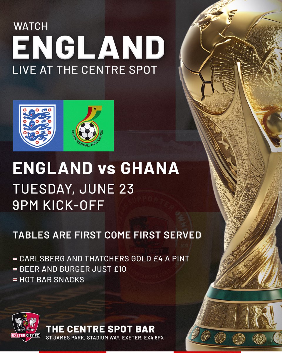 OfficialECFC's tweet photo. What a start for England last night 👏

Join us in the Centre Spot again on Tuesday night as they take on Ghana in a 9pm kick-off 🏴󠁧󠁢󠁥󠁮󠁧󠁿🏆

🍻 Carlsberg and Thatchers Gold just £4 a pint!
🍔 Beer and burger deal just £10

Grab your mates and back the boys! 

#ECFC #SemperFidelis https://t.co/B8bcBv74Fr